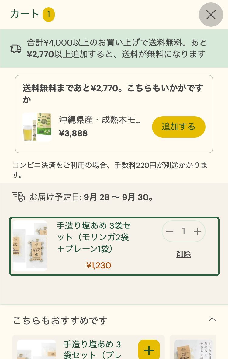 弊社ECサイトのカート。「セットに替える」を押した後で、単品3点が「手造り塩あめ 3袋セット（モリンガ2袋＋プレーン1袋）」1点に入れ替わっている。緑の枠がセット商品