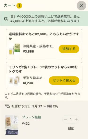 カートで、単品から「セット」に替えられるようにするの見本